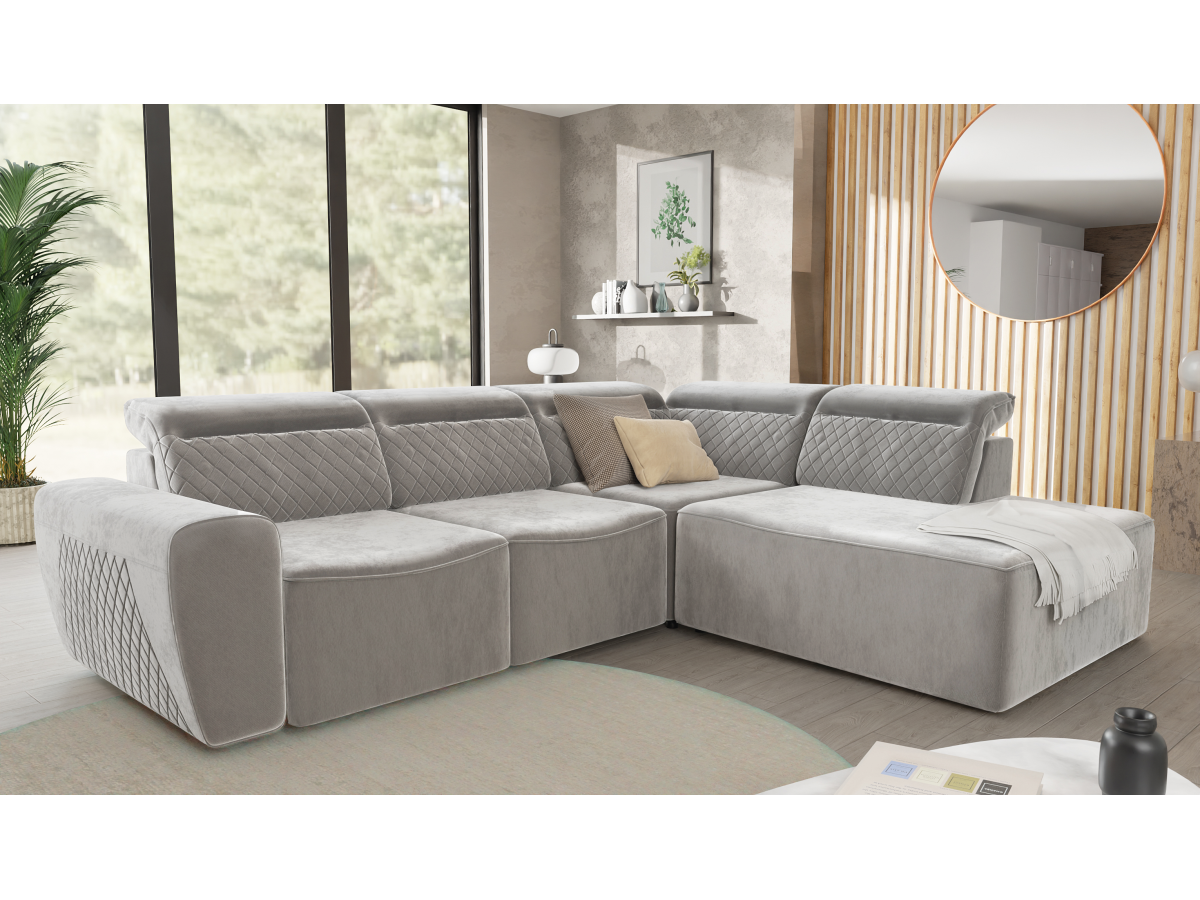 Emil - Modernes Ecksofa mit Schlaffunktion und Bettkasten aus Samt-Stoff schöner Sitzkomfort und verstellbare Kopfstützen