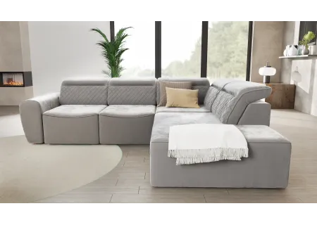 Emil - Modernes Ecksofa mit Schlaffunktion und Bettkasten aus Samt-Stoff schöner Sitzkomfort und verstellbare Kopfstützen