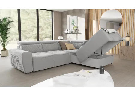 Emil - Modernes Ecksofa mit Schlaffunktion und Bettkasten aus Samt-Stoff schöner Sitzkomfort und verstellbare Kopfstützen