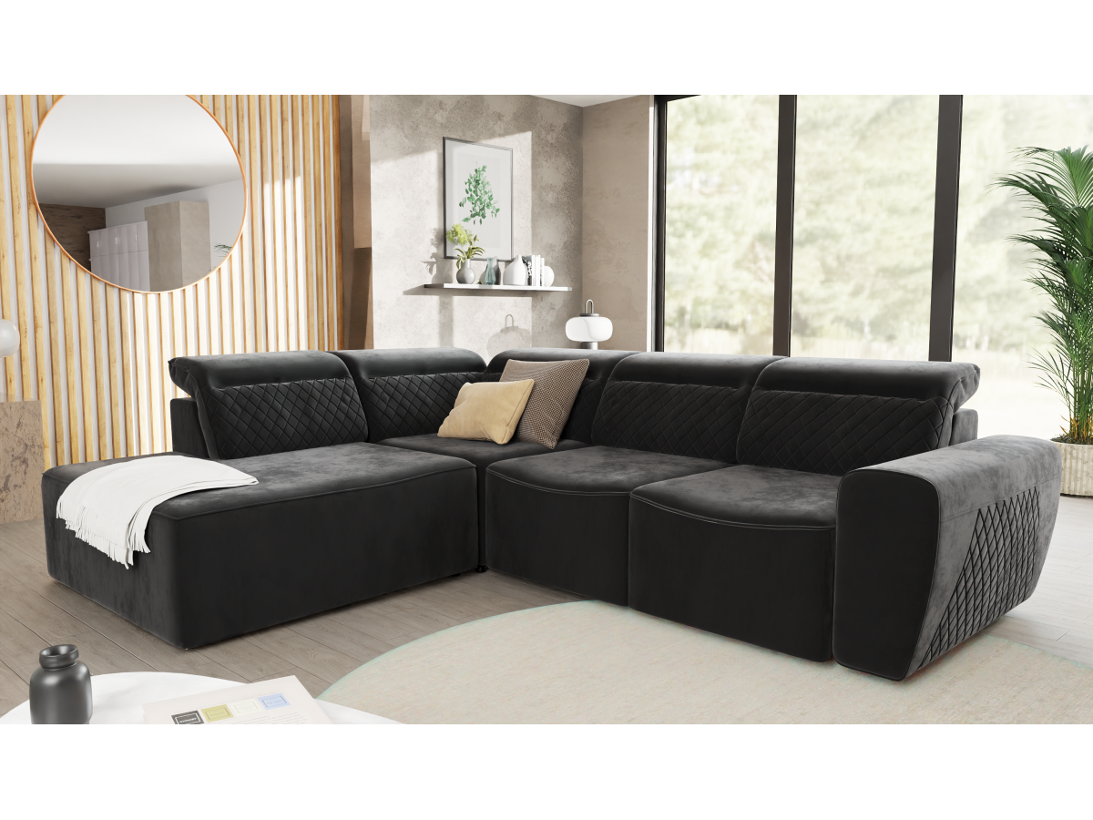 Emil - Modernes Ecksofa mit Schlaffunktion und Bettkasten aus Samt-Stoff schöner Sitzkomfort und verstellbare Kopfstützen