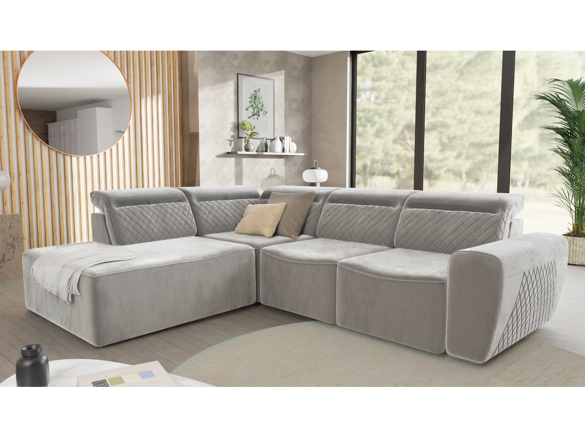 Emil - Modernes Ecksofa mit Schlaffunktion und Bettkasten aus Samt-Stoff schöner Sitzkomfort und verstellbare Kopfstützen