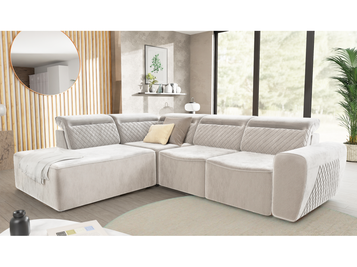 Emil - Modernes Ecksofa mit Schlaffunktion und Bettkasten aus Samt-Stoff schöner Sitzkomfort und verstellbare Kopfstützen
