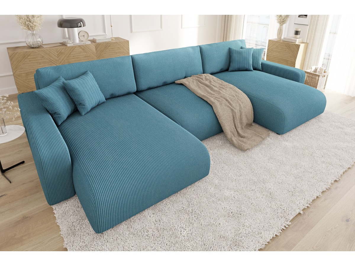 Emma - Wohnlandschaft mit Schlaffunktion und Bettkasten in Beige Cord-Stoff schöner Sitzkomfort