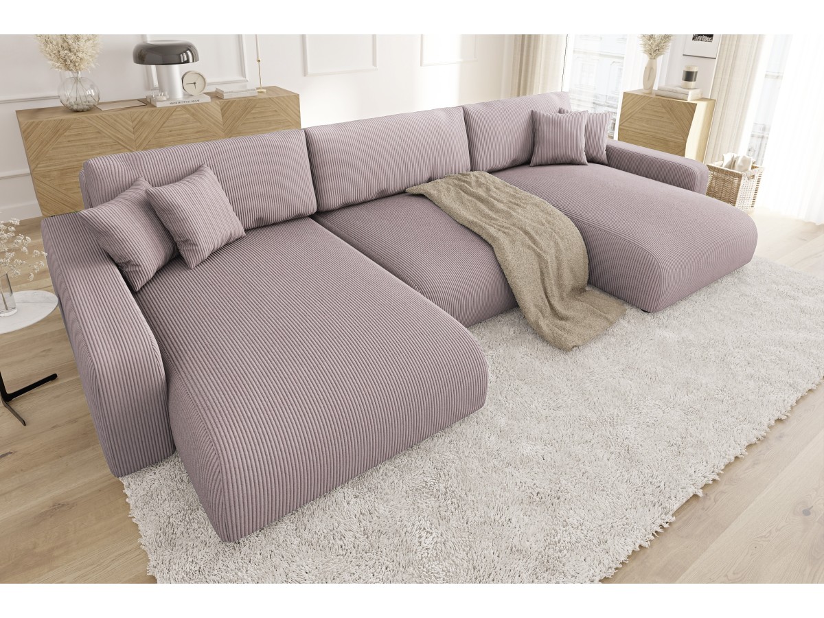 Emma - Wohnlandschaft mit Schlaffunktion und Bettkasten in Beige Cord-Stoff schöner Sitzkomfort