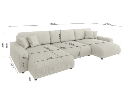 Emma - Wohnlandschaft mit Schlaffunktion und Bettkasten in Beige Cord-Stoff schöner Sitzkomfort