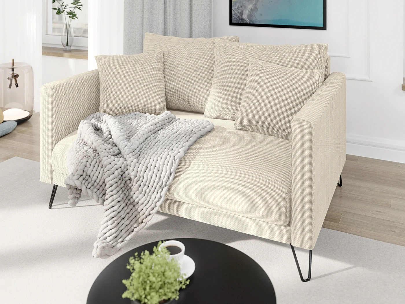 Harmony - Modernes Sofa 2-Sitzer aus Chenille-Stoff mit Hohen Schwarzen Metallfüßen