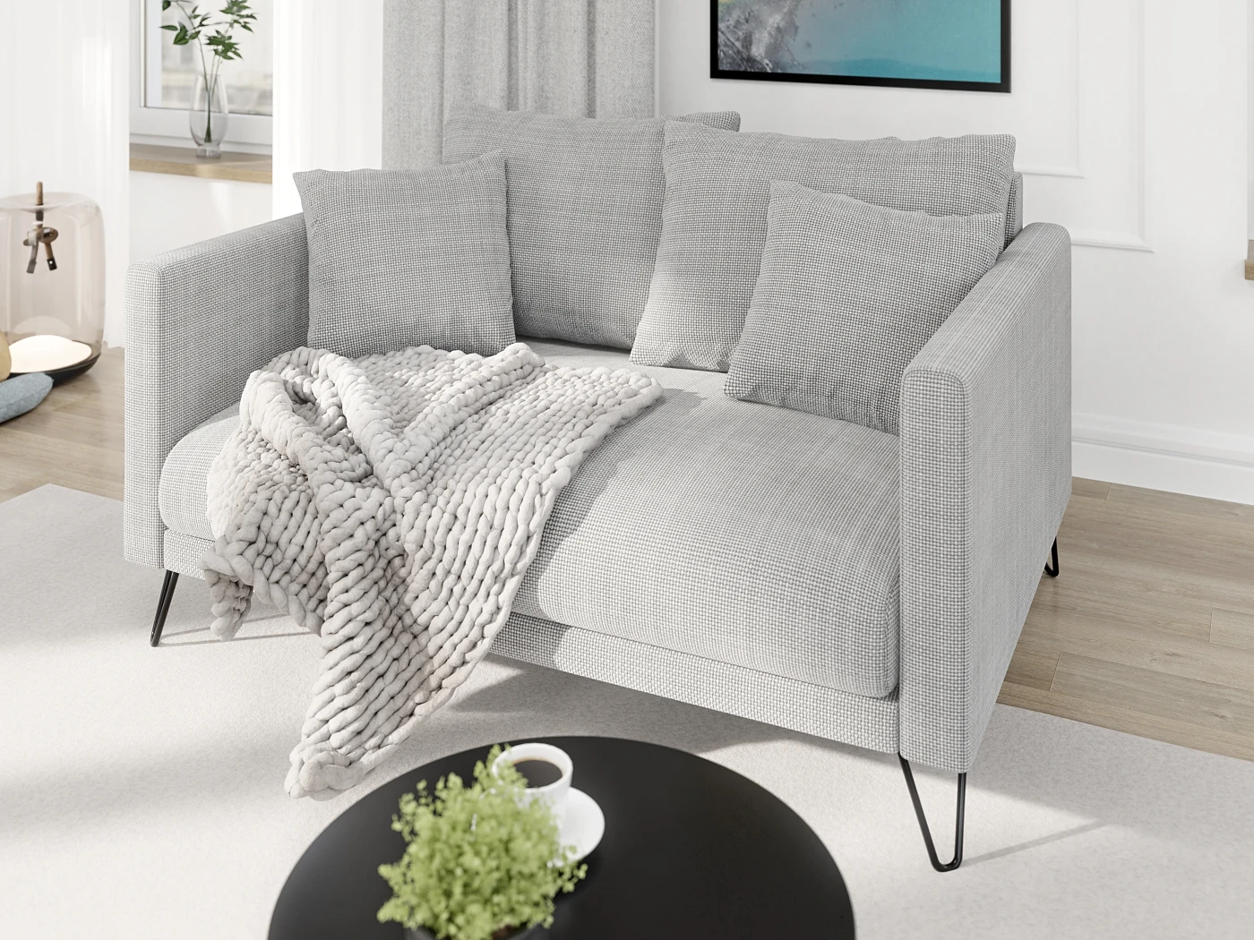 Harmony - Modernes Sofa 2-Sitzer aus Chenille-Stoff mit Hohen Schwarzen Metallfüßen