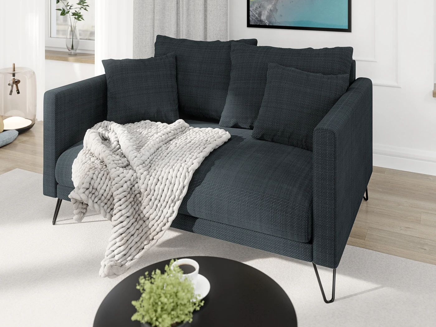 Harmony - Modernes Sofa 2-Sitzer aus Chenille-Stoff mit Hohen Schwarzen Metallfüßen