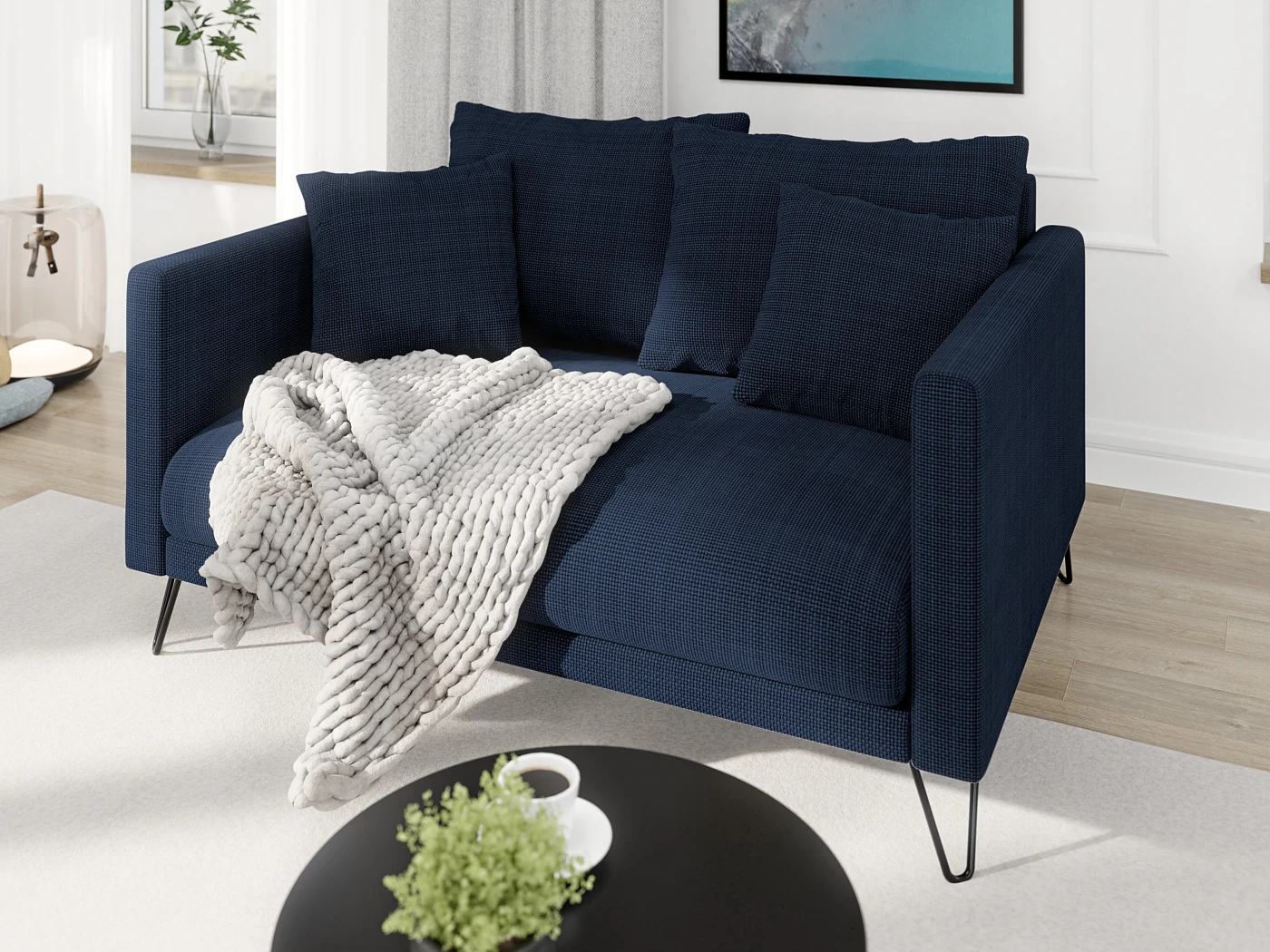 Harmony - Modernes Sofa 2-Sitzer aus Chenille-Stoff mit Hohen Schwarzen Metallfüßen