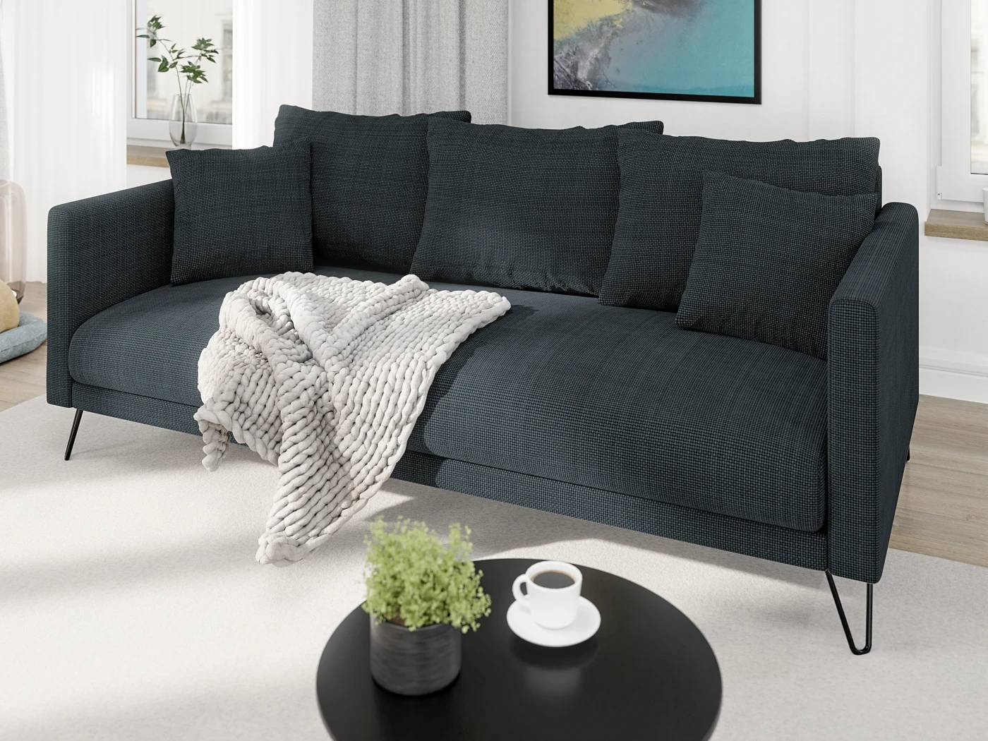 Harmony - Modernes Sofa 3-Sitzer aus Chenille-Stoff mit Hohen Schwarzen Metallfüßen