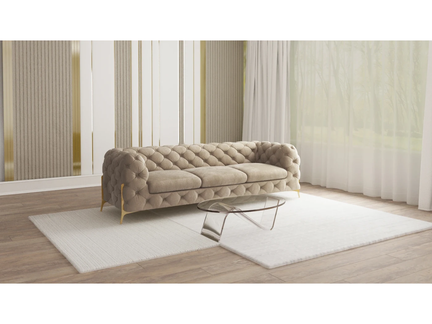 Natalie - Chesterfield Sofa 3-Sitzer mit Goldene Metall Füßen