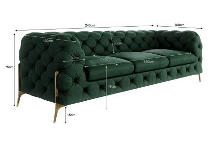 Natalie - Chesterfield Sofa 3-Sitzer mit Goldene Metall Füßen