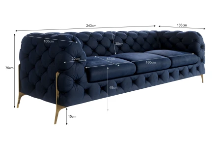Natalie - Chesterfield Sofa 3-Sitzer mit Goldene Metall Füßen
