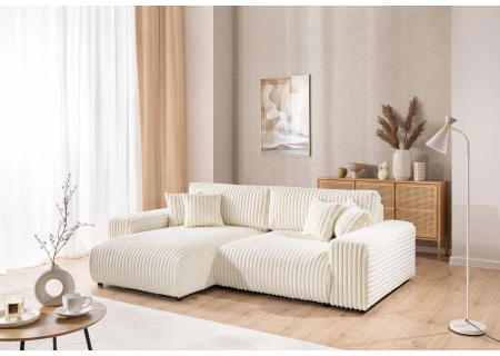 Mollis - Ecksofa mit Schlaffunktion und Bettkasten aus Plüschcord mit schöner Sitzkomfort