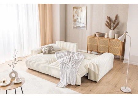 Mollis - Ecksofa mit Schlaffunktion und Bettkasten aus Plüschcord mit schöner Sitzkomfort