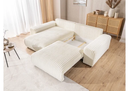 Mollis - Ecksofa mit Schlaffunktion und Bettkasten aus Plüschcord mit schöner Sitzkomfort