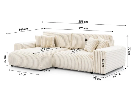 Mollis - Ecksofa mit Schlaffunktion und Bettkasten aus Plüschcord mit schöner Sitzkomfort