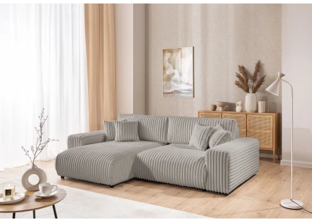 Mollis - Ecksofa mit Schlaffunktion und Bettkasten aus Plüschcord mit schöner Sitzkomfort