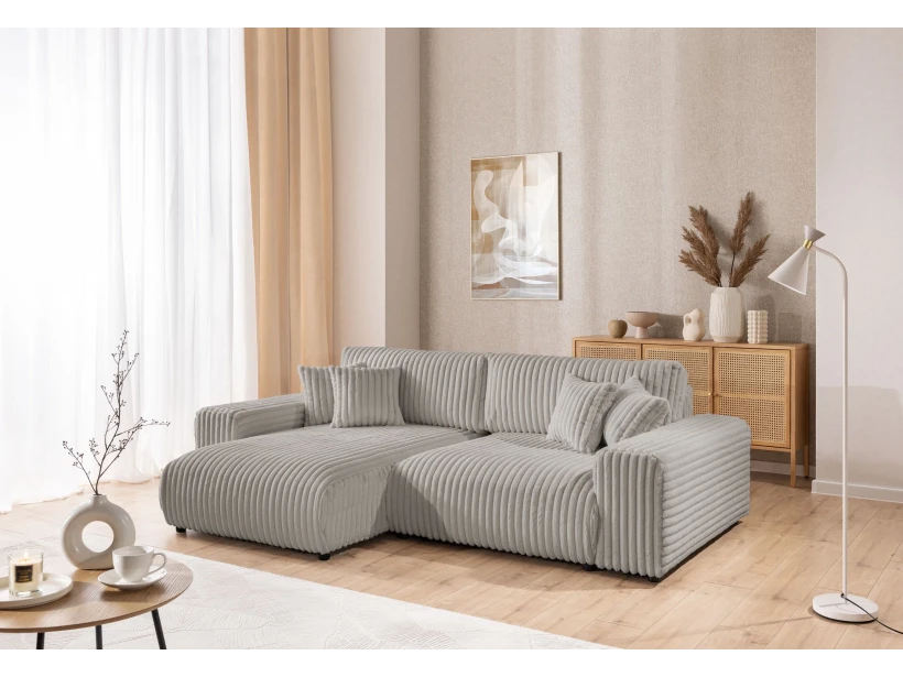 Mollis - Ecksofa mit Schlaffunktion und Bettkasten aus Plüschcord mit schöner Sitzkomfort