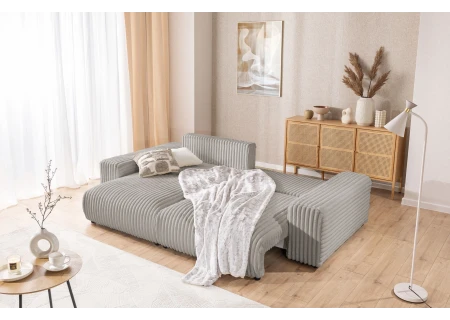 Mollis - Ecksofa mit Schlaffunktion und Bettkasten aus Plüschcord mit schöner Sitzkomfort