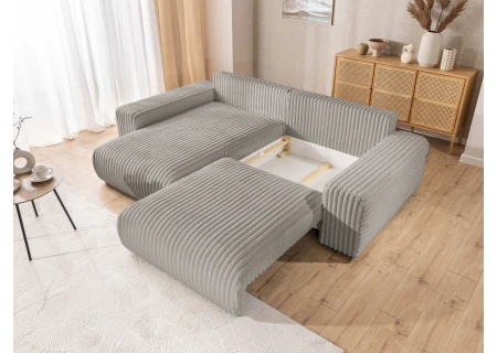 Mollis - Ecksofa mit Schlaffunktion und Bettkasten aus Plüschcord mit schöner Sitzkomfort