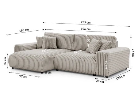 Mollis - Ecksofa mit Schlaffunktion und Bettkasten aus Plüschcord mit schöner Sitzkomfort