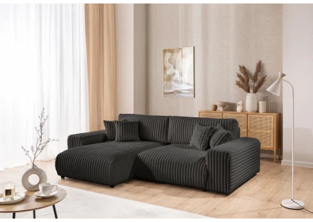 Mollis - Ecksofa mit Schlaffunktion und Bettkasten aus Plüschcord mit schöner Sitzkomfort