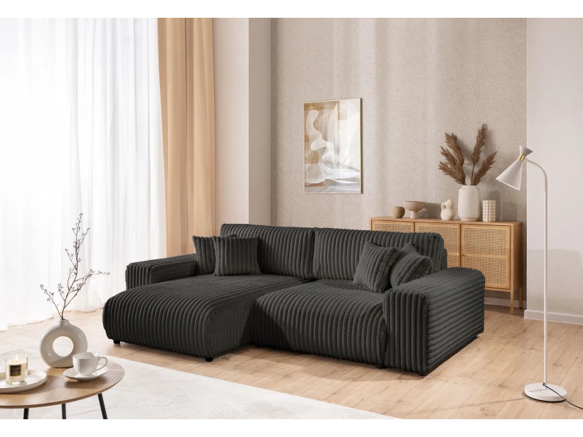 Mollis - Ecksofa mit Schlaffunktion und Bettkasten aus Plüschcord mit schöner Sitzkomfort