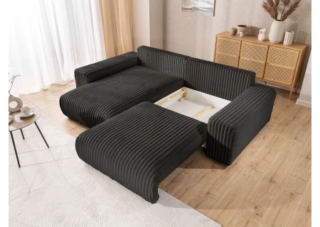 Mollis - Ecksofa mit Schlaffunktion und Bettkasten aus Plüschcord mit schöner Sitzkomfort