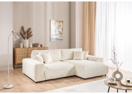 Mollis - Ecksofa mit Schlaffunktion und Bettkasten aus Plüschcord mit schöner Sitzkomfort