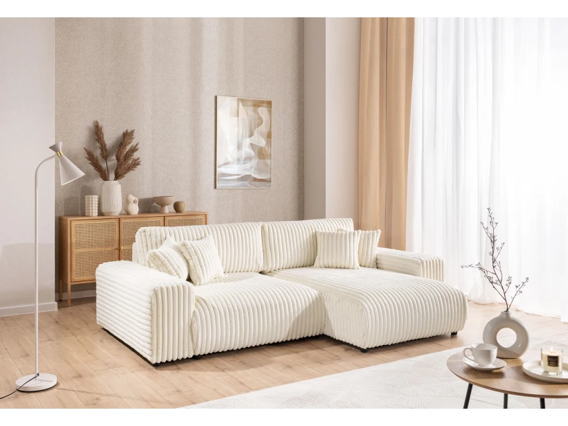 Mollis - Ecksofa mit Schlaffunktion und Bettkasten aus Plüschcord mit schöner Sitzkomfort