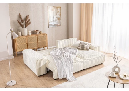 Mollis - Ecksofa mit Schlaffunktion und Bettkasten aus Plüschcord mit schöner Sitzkomfort