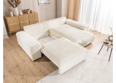 Mollis - Ecksofa mit Schlaffunktion und Bettkasten aus Plüschcord mit schöner Sitzkomfort