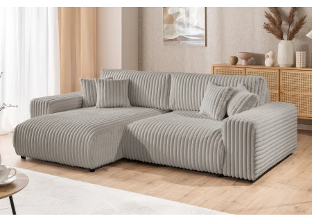 Mollis - Ecksofa mit Schlaffunktion und Bettkasten aus Plüschcord mit schöner Sitzkomfort