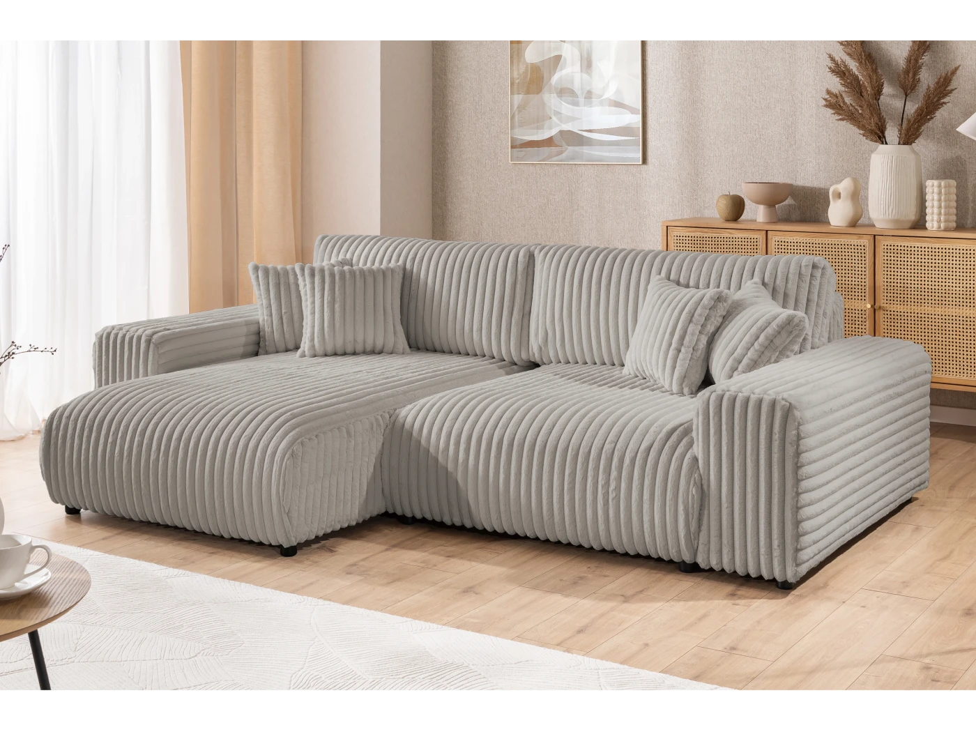 Mollis - Ecksofa mit Schlaffunktion und Bettkasten aus Plüschcord mit schöner Sitzkomfort