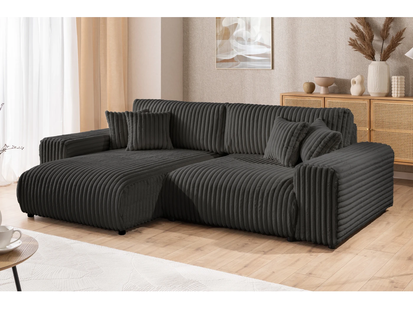 Mollis - Ecksofa mit Schlaffunktion und Bettkasten aus Plüschcord mit schöner Sitzkomfort