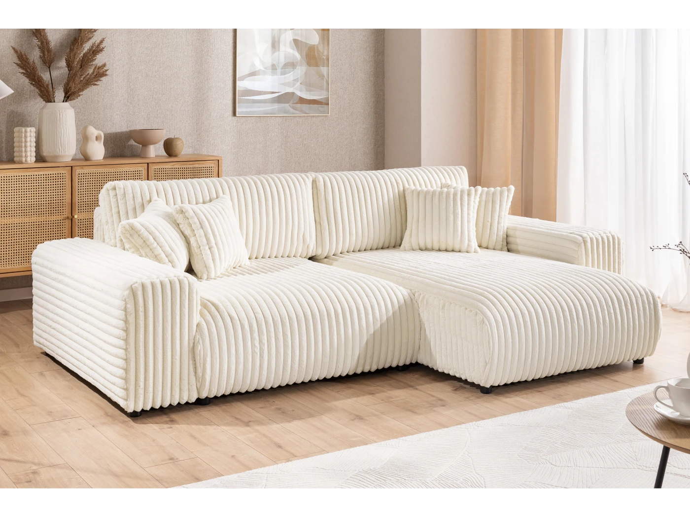 Mollis - Ecksofa mit Schlaffunktion und Bettkasten aus Plüschcord mit schöner Sitzkomfort