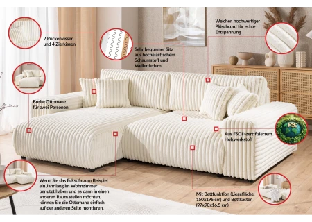 Mollis - Ecksofa mit Schlaffunktion und Bettkasten aus Plüschcord mit schöner Sitzkomfort