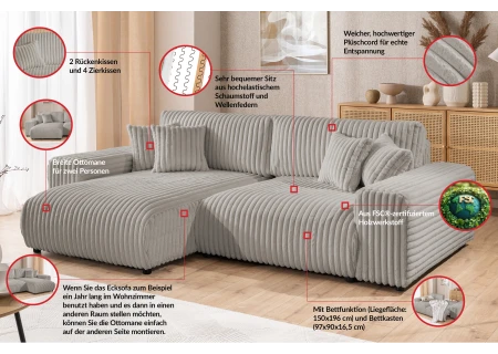 Mollis - Ecksofa mit Schlaffunktion und Bettkasten aus Plüschcord mit schöner Sitzkomfort