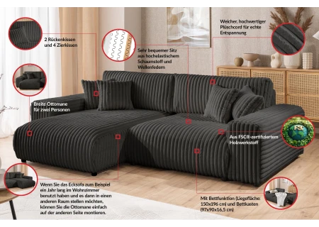 Mollis - Ecksofa mit Schlaffunktion und Bettkasten aus Plüschcord mit schöner Sitzkomfort