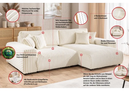 Mollis - Ecksofa mit Schlaffunktion und Bettkasten aus Plüschcord mit schöner Sitzkomfort