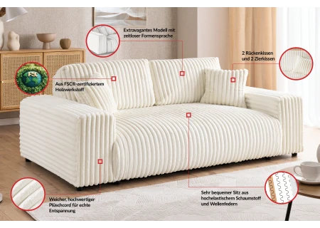 Mollis - Sofa 2 Sitzer aus Plüschcord mit schöner Sitzkomfort
