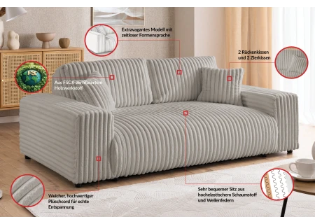 Mollis - Sofa 2 Sitzer aus Plüschcord mit schöner Sitzkomfort
