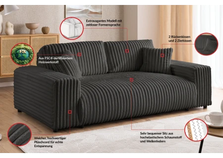 Mollis - Sofa 2 Sitzer aus Plüschcord mit schöner Sitzkomfort