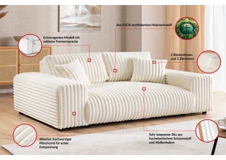Mollis - Sofa 3 Sitzer aus Plüschcord mit schöner Sitzkomfort