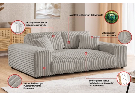 Mollis - Sofa 3 Sitzer aus Plüschcord mit schöner Sitzkomfort