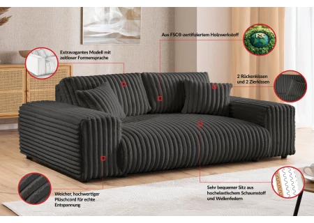 Mollis - Sofa 3 Sitzer aus Plüschcord mit schöner Sitzkomfort
