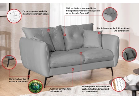 Nordloft - Modernes Sofa 2-Sitzer aus Samt-Stoff mit Hohen Schwarzen Metallfüßen und schöner Sitzkomfort