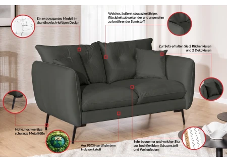 Nordloft - Modernes Sofa 2-Sitzer aus Samt-Stoff mit Hohen Schwarzen Metallfüßen und schöner Sitzkomfort