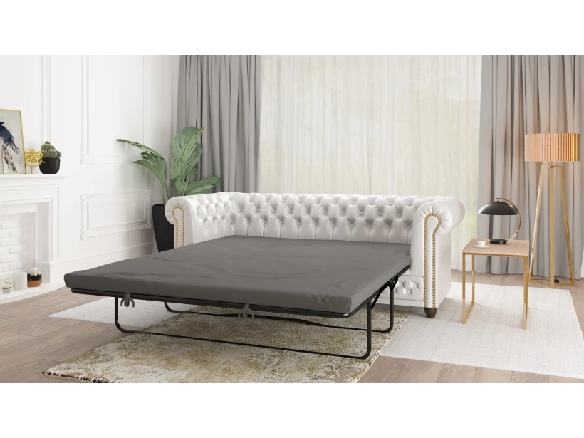 Chloe - Sofa 3 sitzer mit Schlaffunktion Chesterfield aus veganem Leder mit Holzfüßen